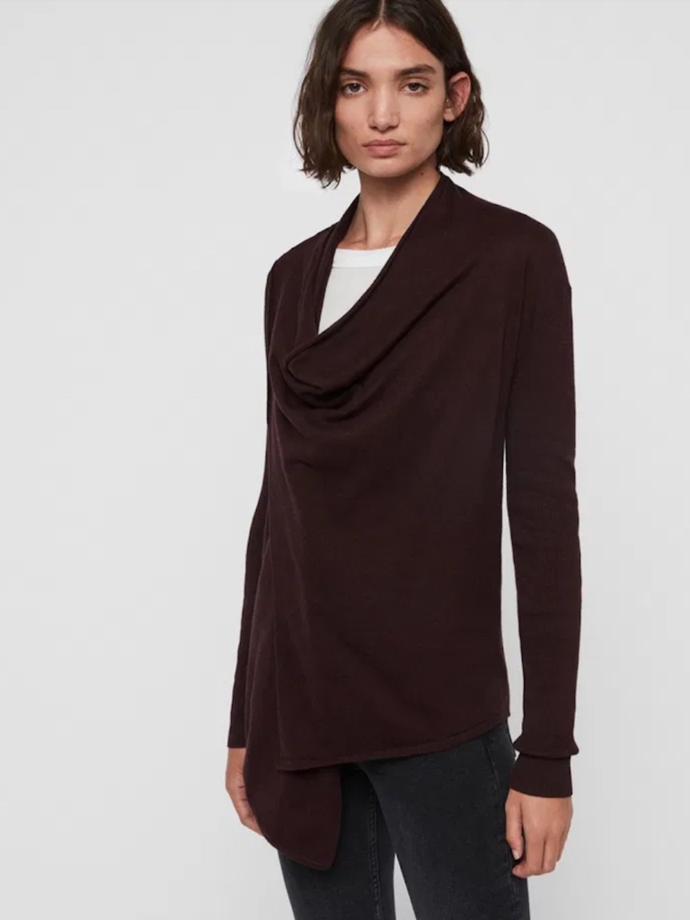 All Saints Drina Merino Wool Asymmetrical Zip Cardigan Burgundy Brown Size 8
